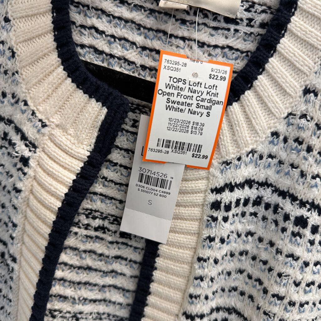 Loft White/ Navy Knit Open Front Cardigan Sweater Small