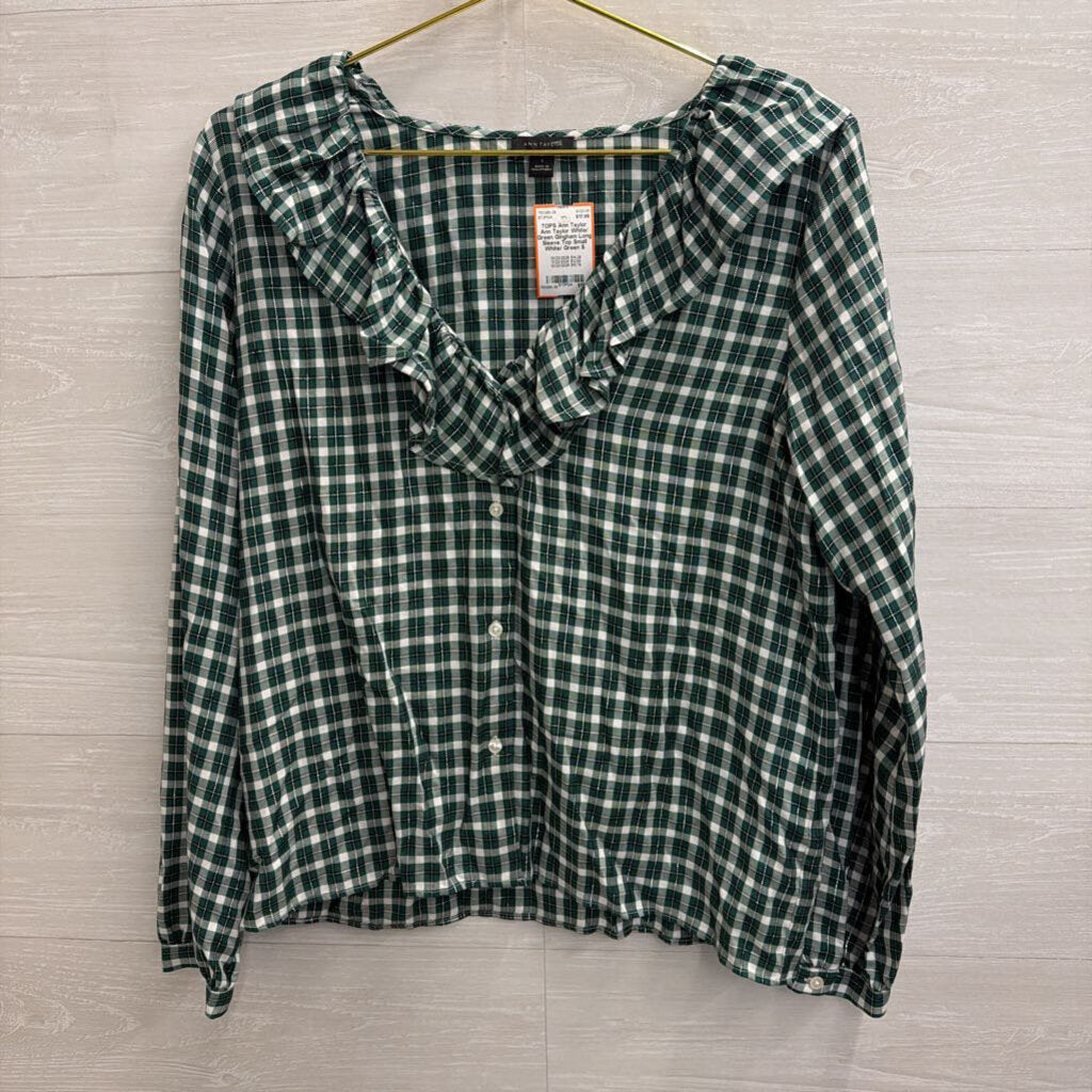 Ann Taylor White/ Green Gingham Long Sleeve Top Small