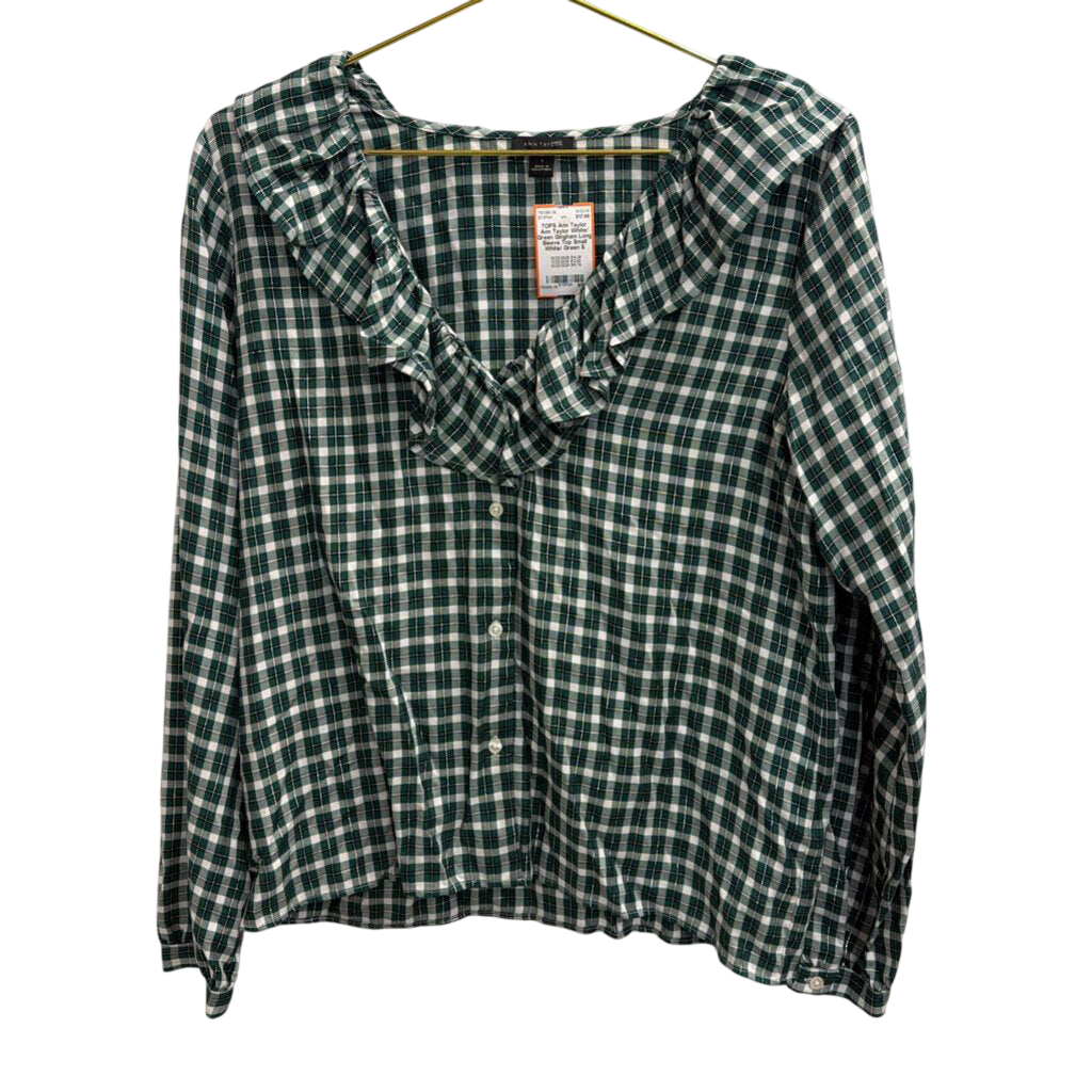 Ann Taylor White/ Green Gingham Long Sleeve Top Small