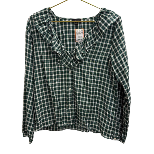 Ann Taylor White/ Green Gingham Long Sleeve Top Small