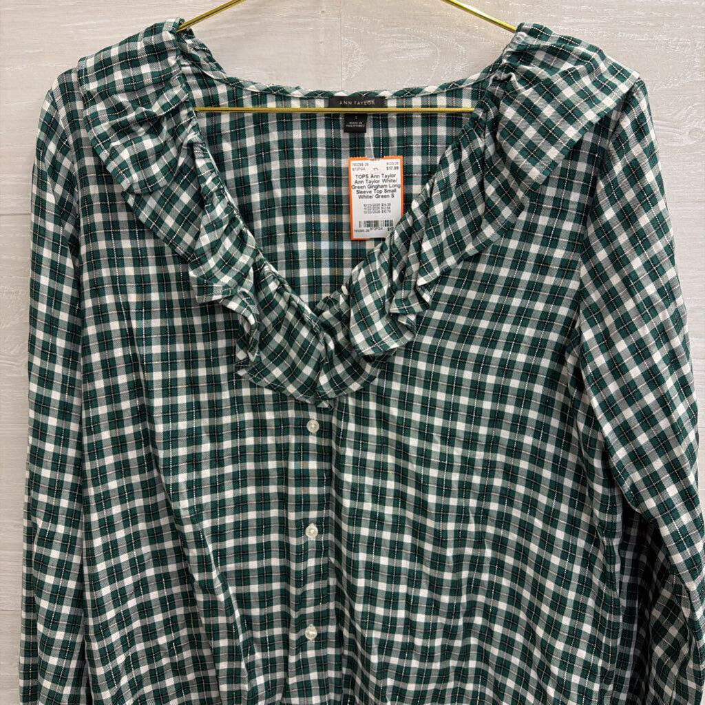 Ann Taylor White/ Green Gingham Long Sleeve Top Small