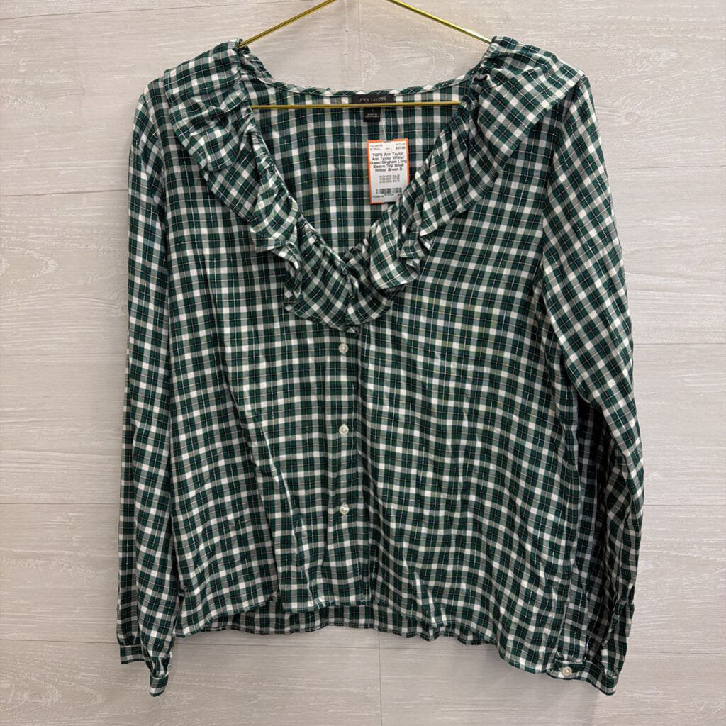 Ann Taylor White/ Green Gingham Long Sleeve Top Small