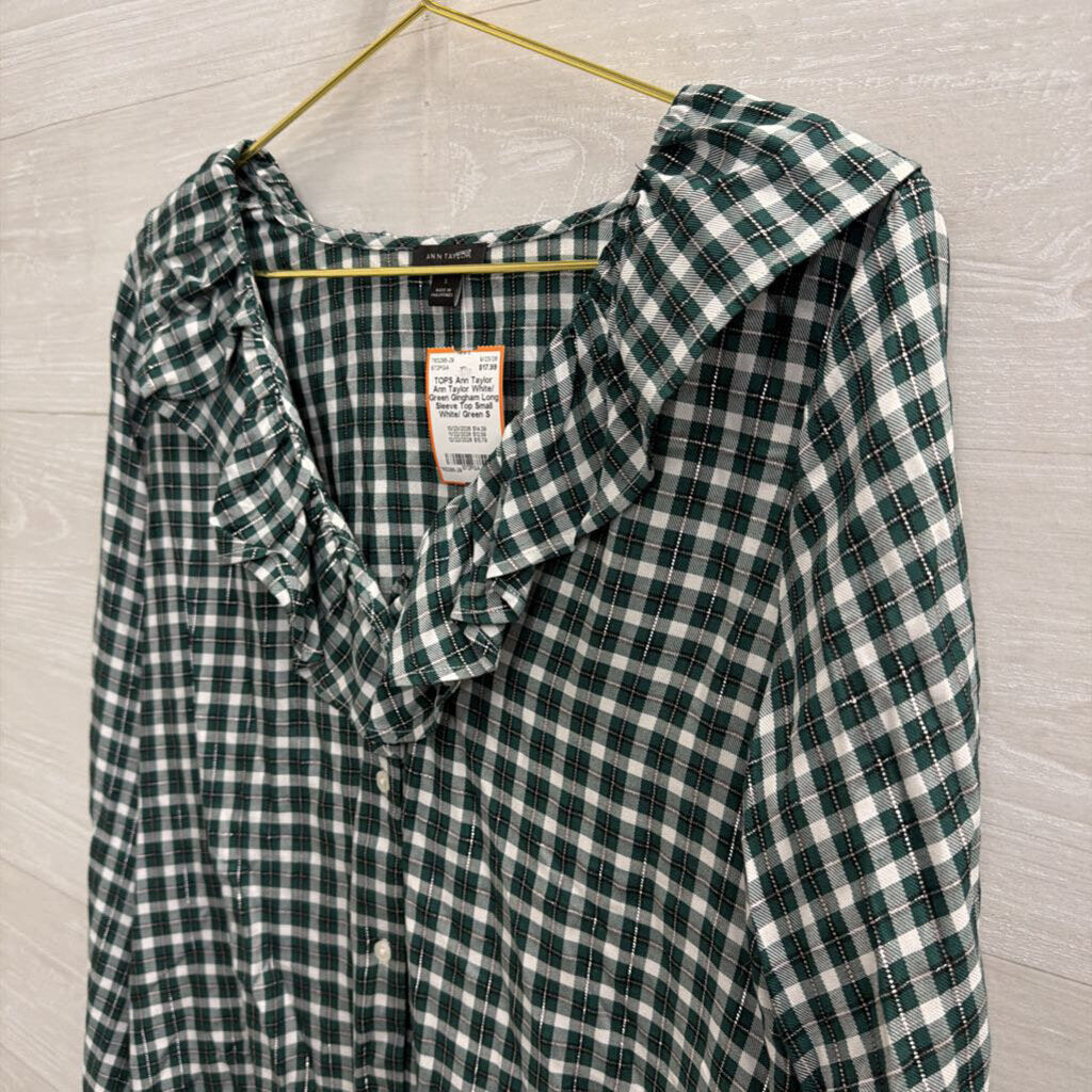 Ann Taylor White/ Green Gingham Long Sleeve Top Small