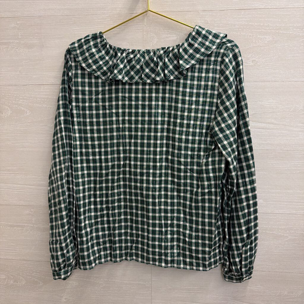 Ann Taylor White/ Green Gingham Long Sleeve Top Small