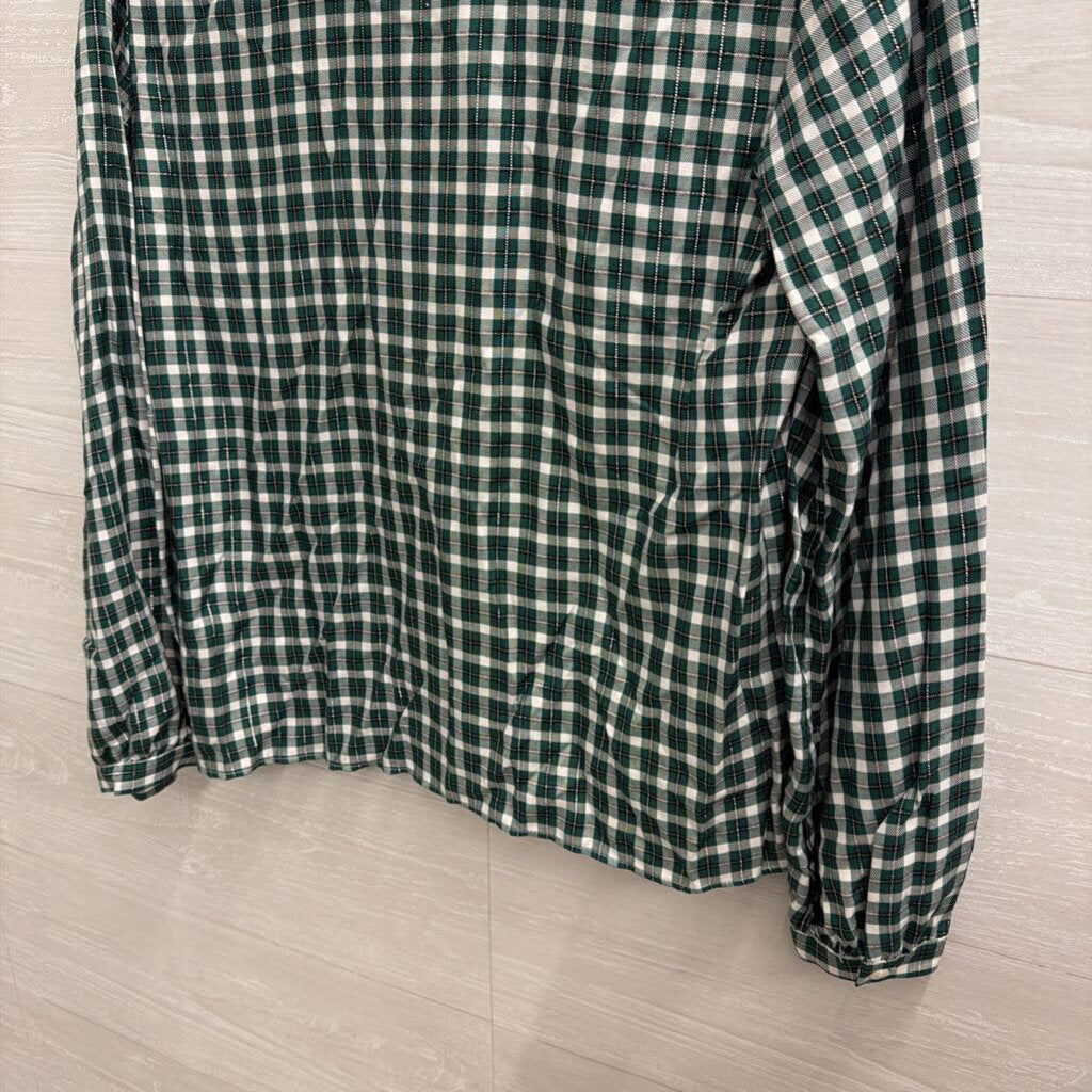 Ann Taylor White/ Green Gingham Long Sleeve Top Small