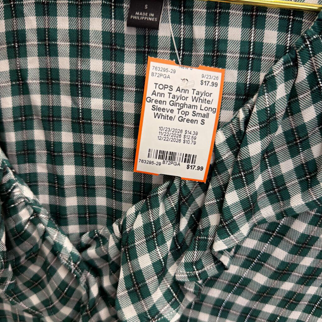 Ann Taylor White/ Green Gingham Long Sleeve Top Small