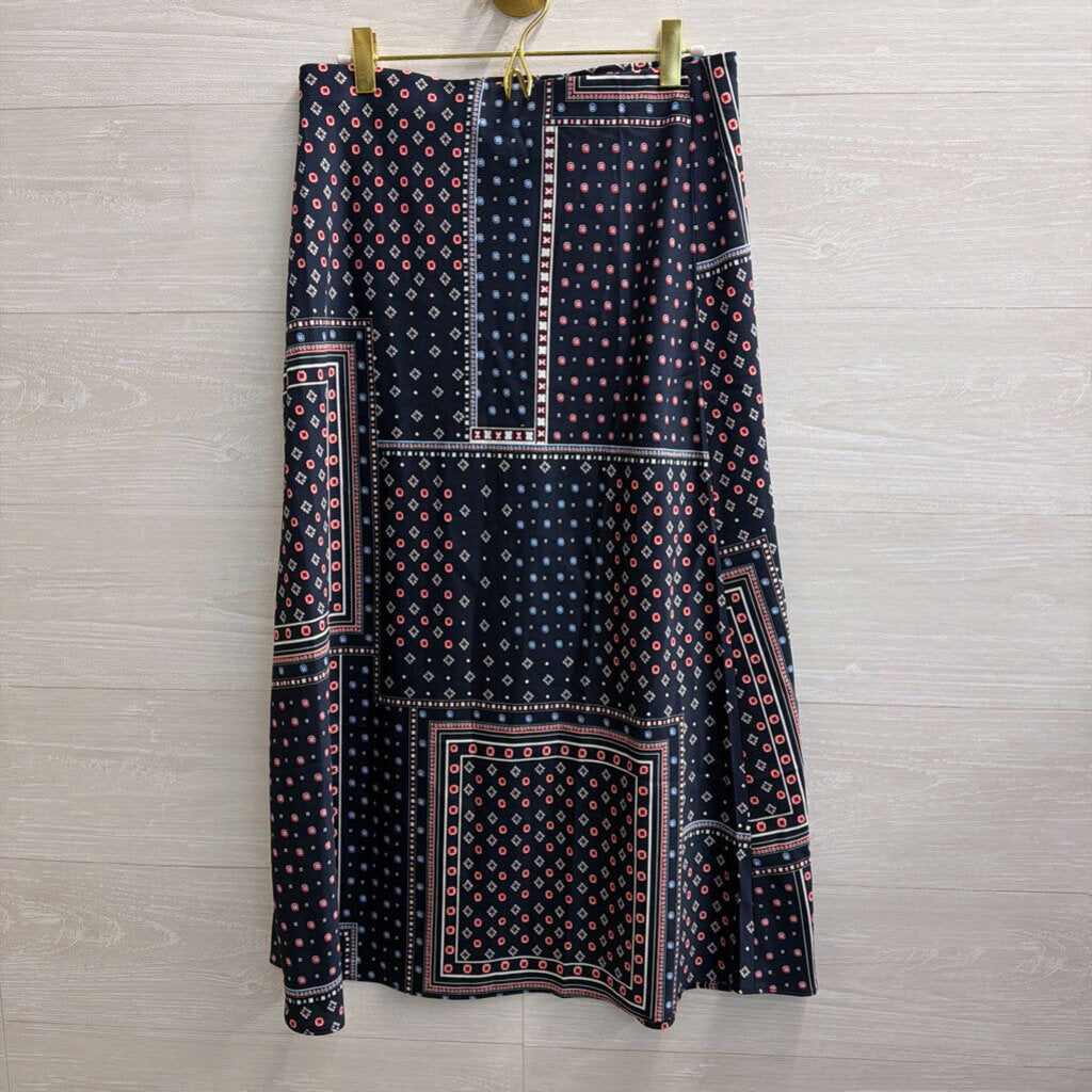 Loft Navy/ Red Print Silky Midi Skirt Medium Petite