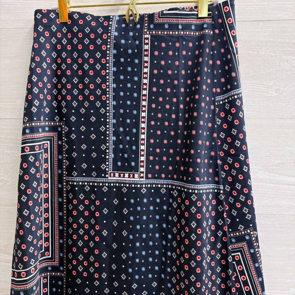 Loft Navy/ Red Print Silky Midi Skirt Medium Petite