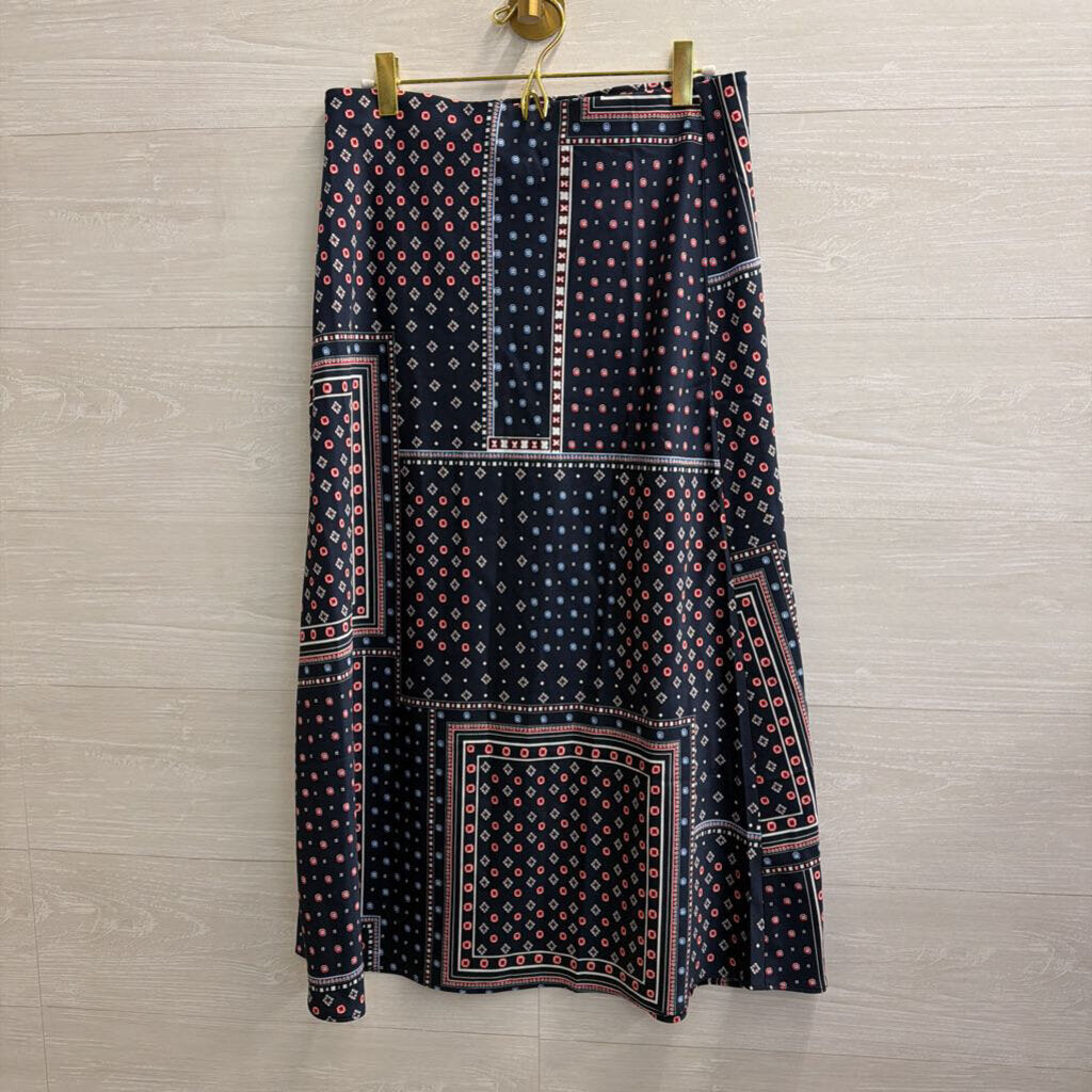 Loft Navy/ Red Print Silky Midi Skirt Medium Petite