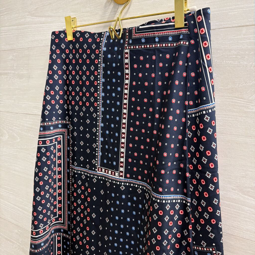 Loft Navy/ Red Print Silky Midi Skirt Medium Petite