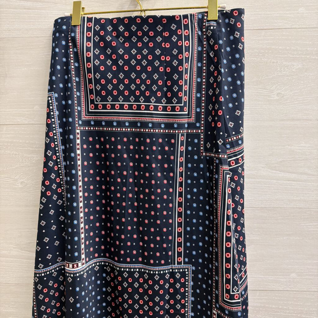 Loft Navy/ Red Print Silky Midi Skirt Medium Petite