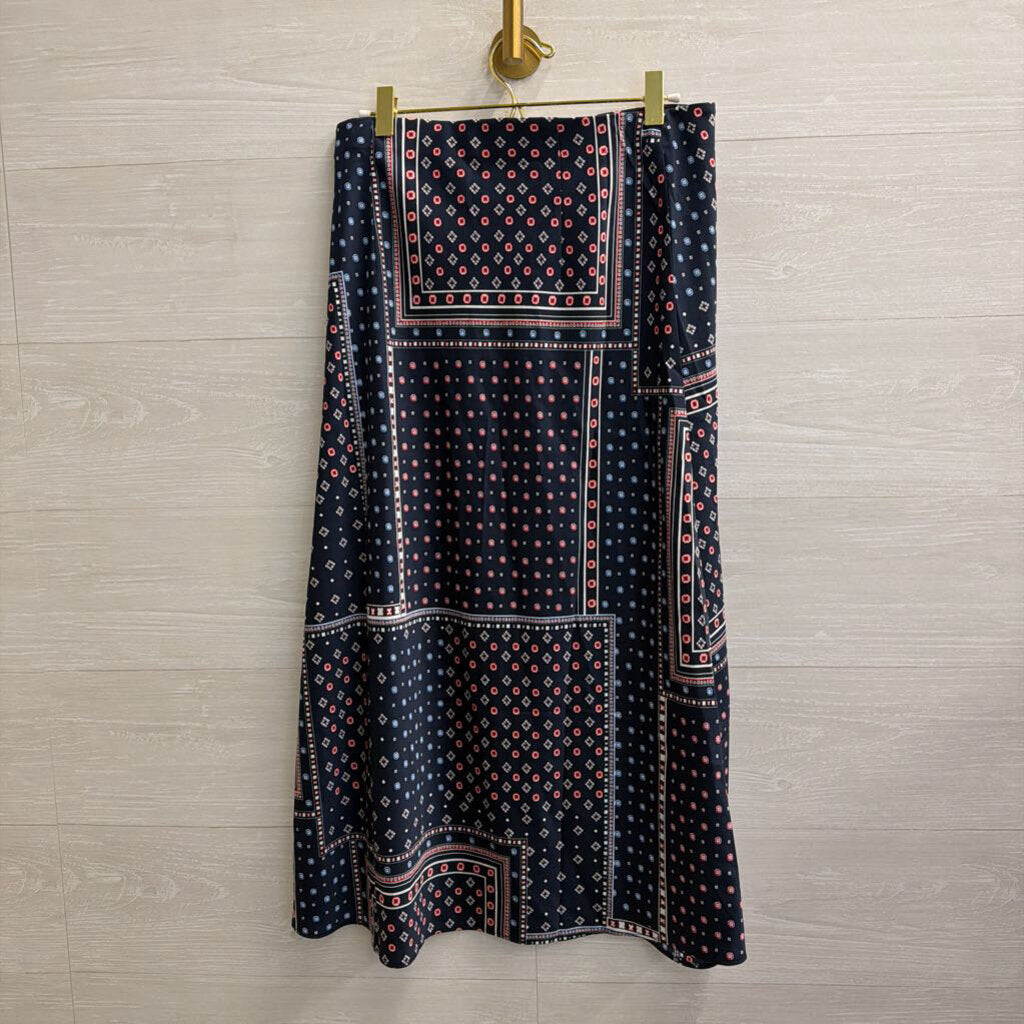 Loft Navy/ Red Print Silky Midi Skirt Medium Petite