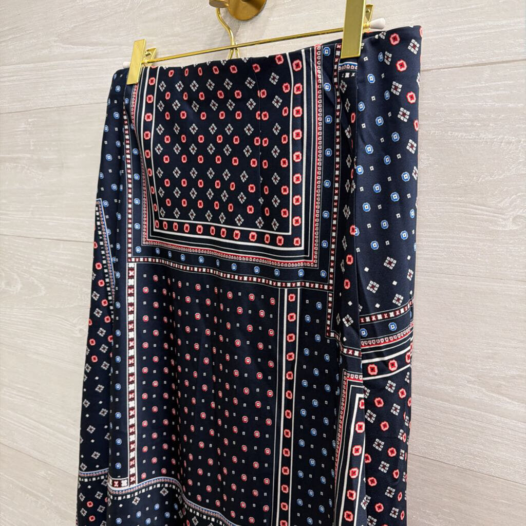Loft Navy/ Red Print Silky Midi Skirt Medium Petite