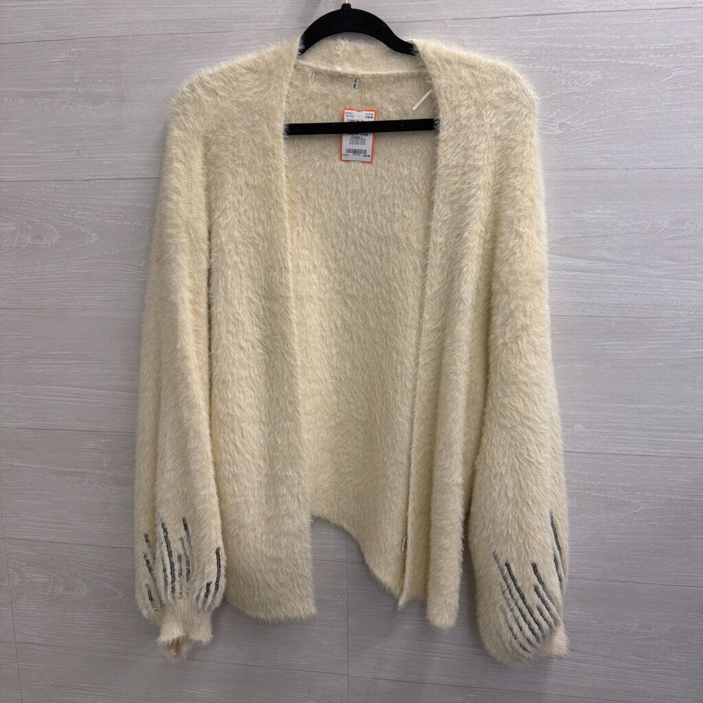 Soft Cream Fuzzy Sequin Detail Open Front Cardigan Sweater Large