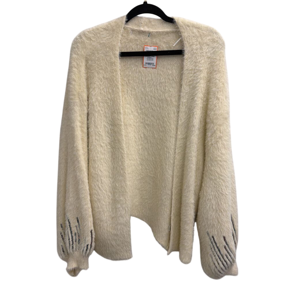 Soft Cream Fuzzy Sequin Detail Open Front Cardigan Sweater Large