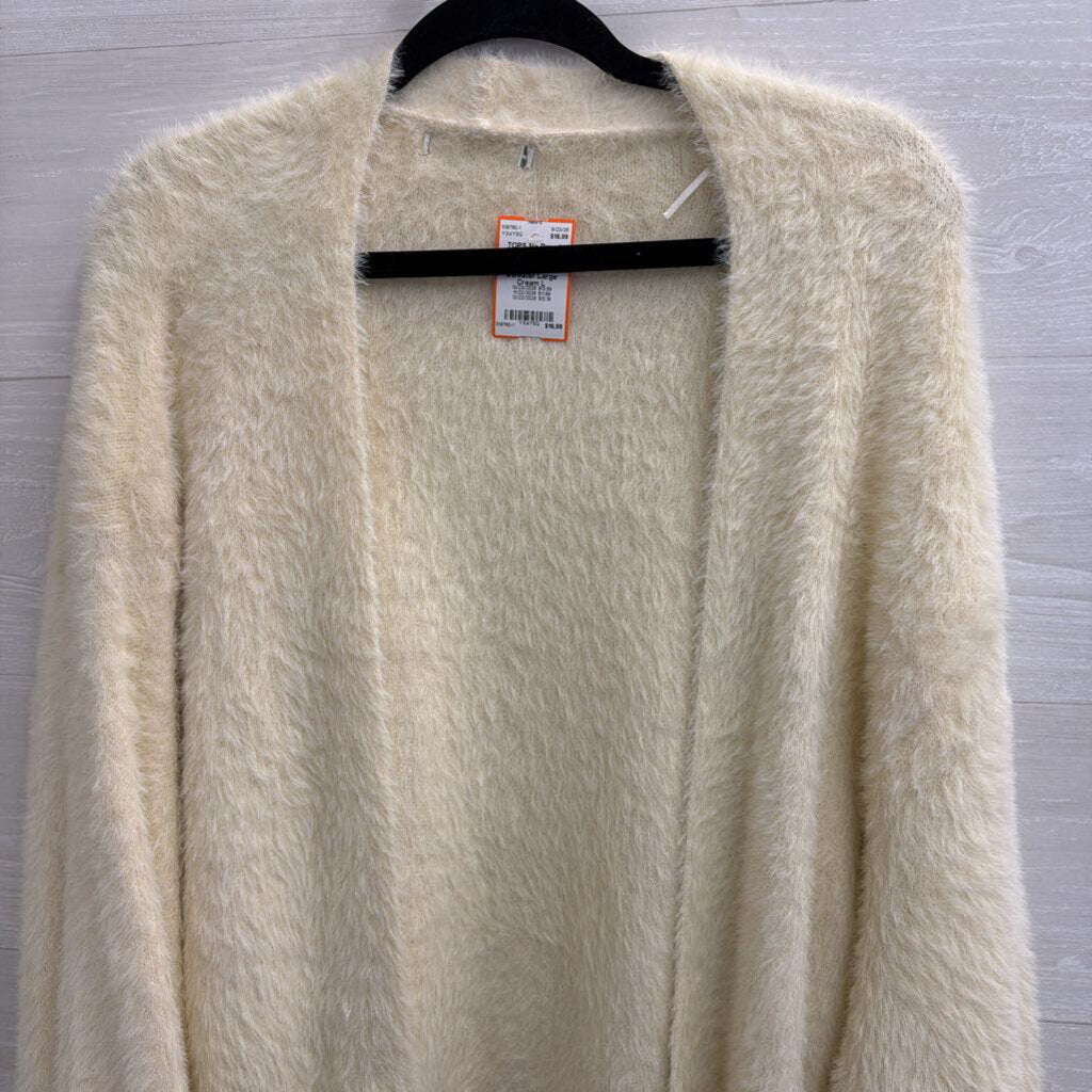 Soft Cream Fuzzy Sequin Detail Open Front Cardigan Sweater Large