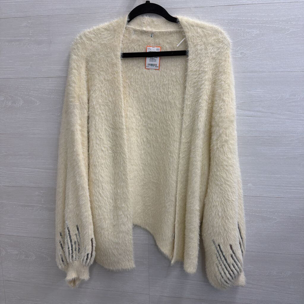 Soft Cream Fuzzy Sequin Detail Open Front Cardigan Sweater Large