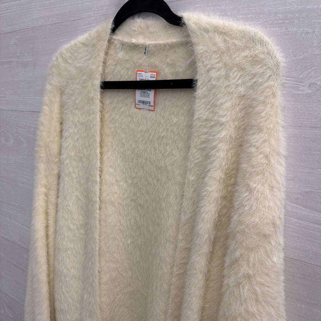 Soft Cream Fuzzy Sequin Detail Open Front Cardigan Sweater Large