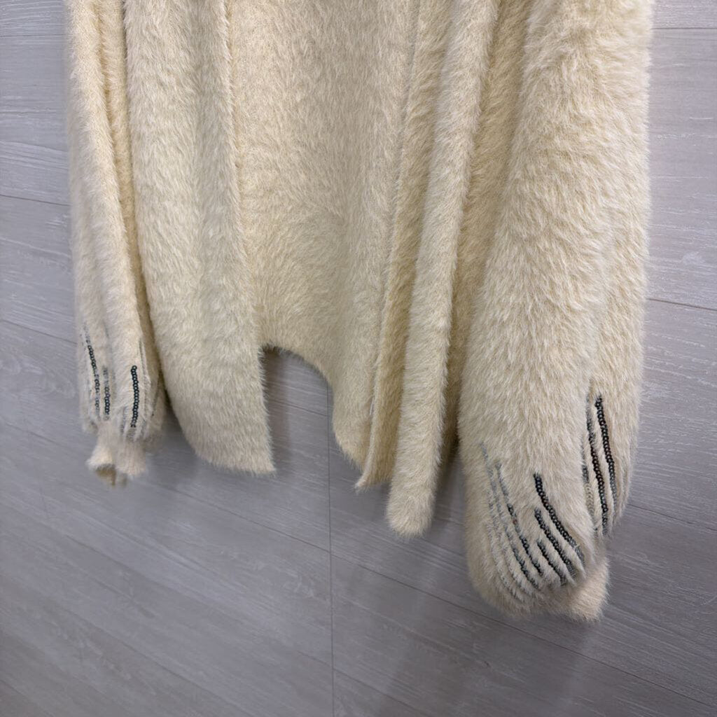 Soft Cream Fuzzy Sequin Detail Open Front Cardigan Sweater Large