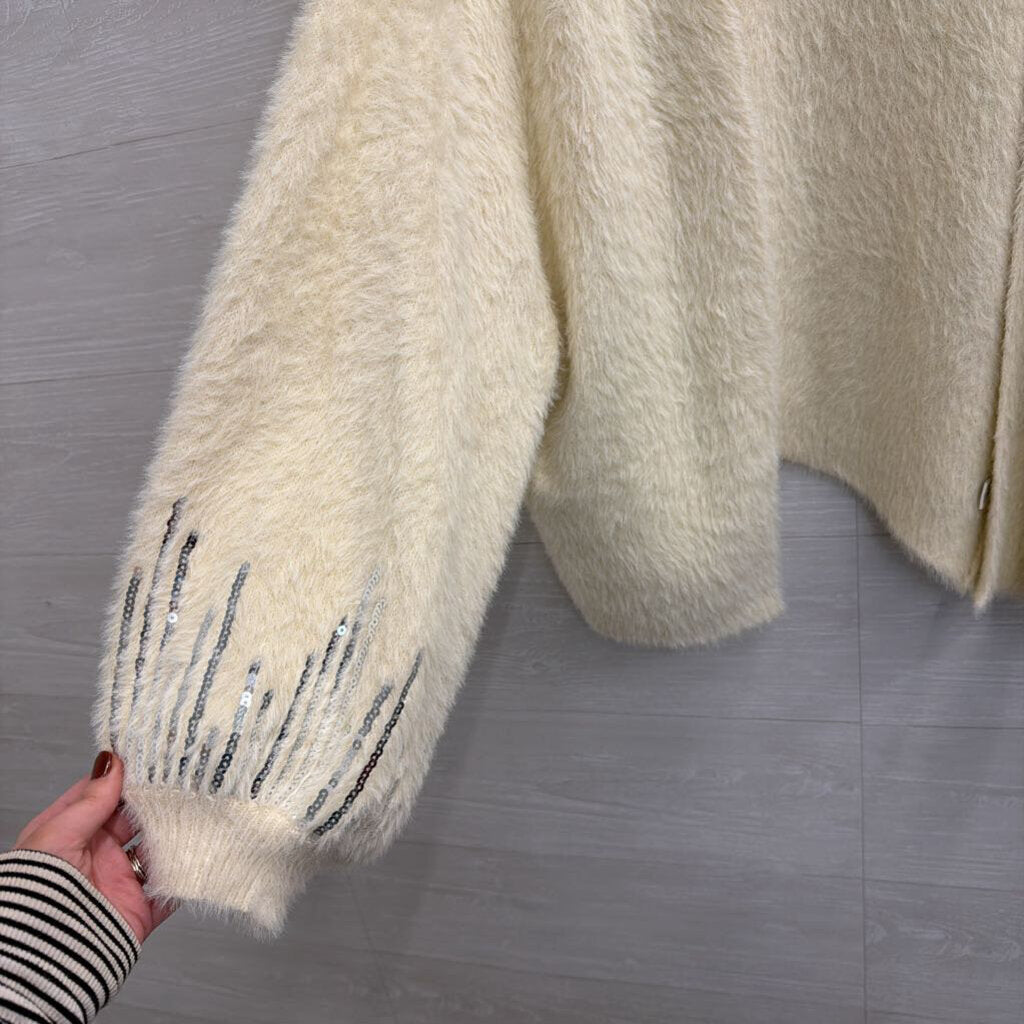 Soft Cream Fuzzy Sequin Detail Open Front Cardigan Sweater Large