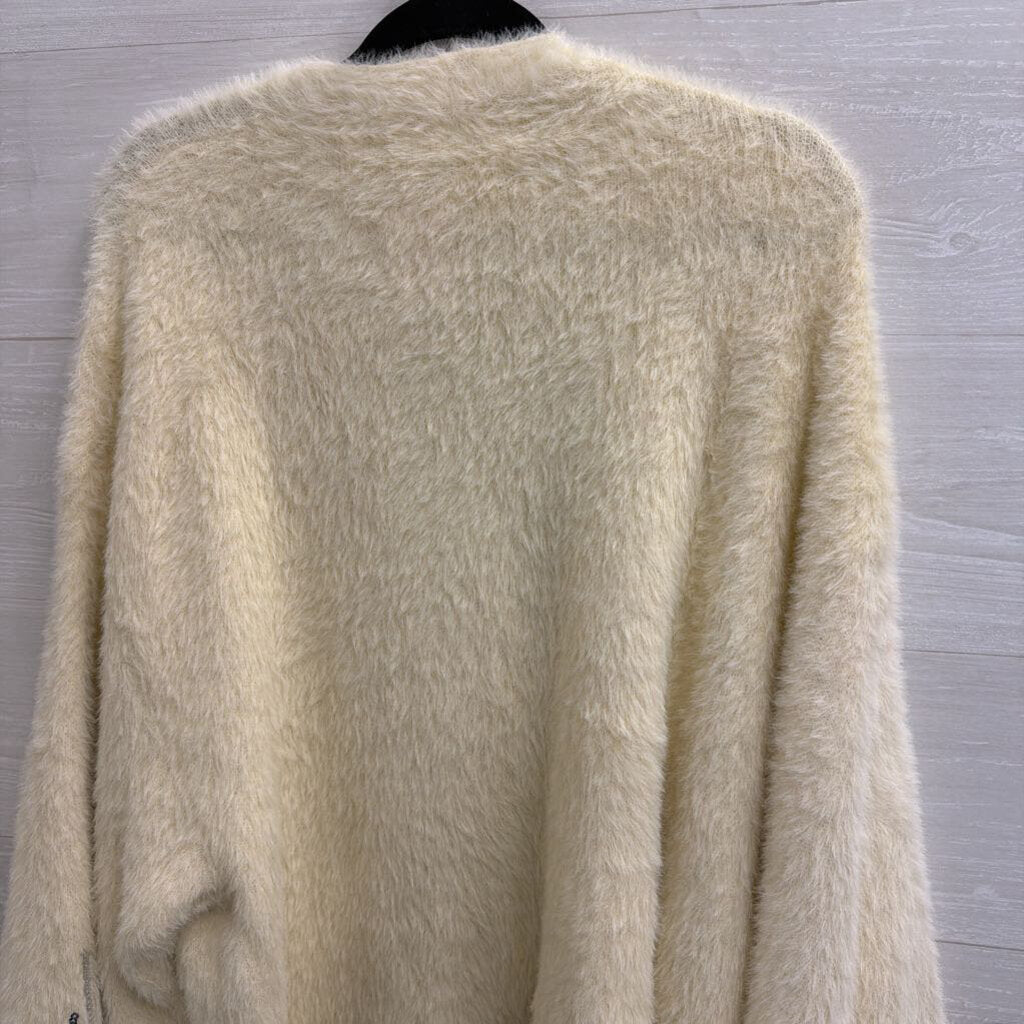 Soft Cream Fuzzy Sequin Detail Open Front Cardigan Sweater Large