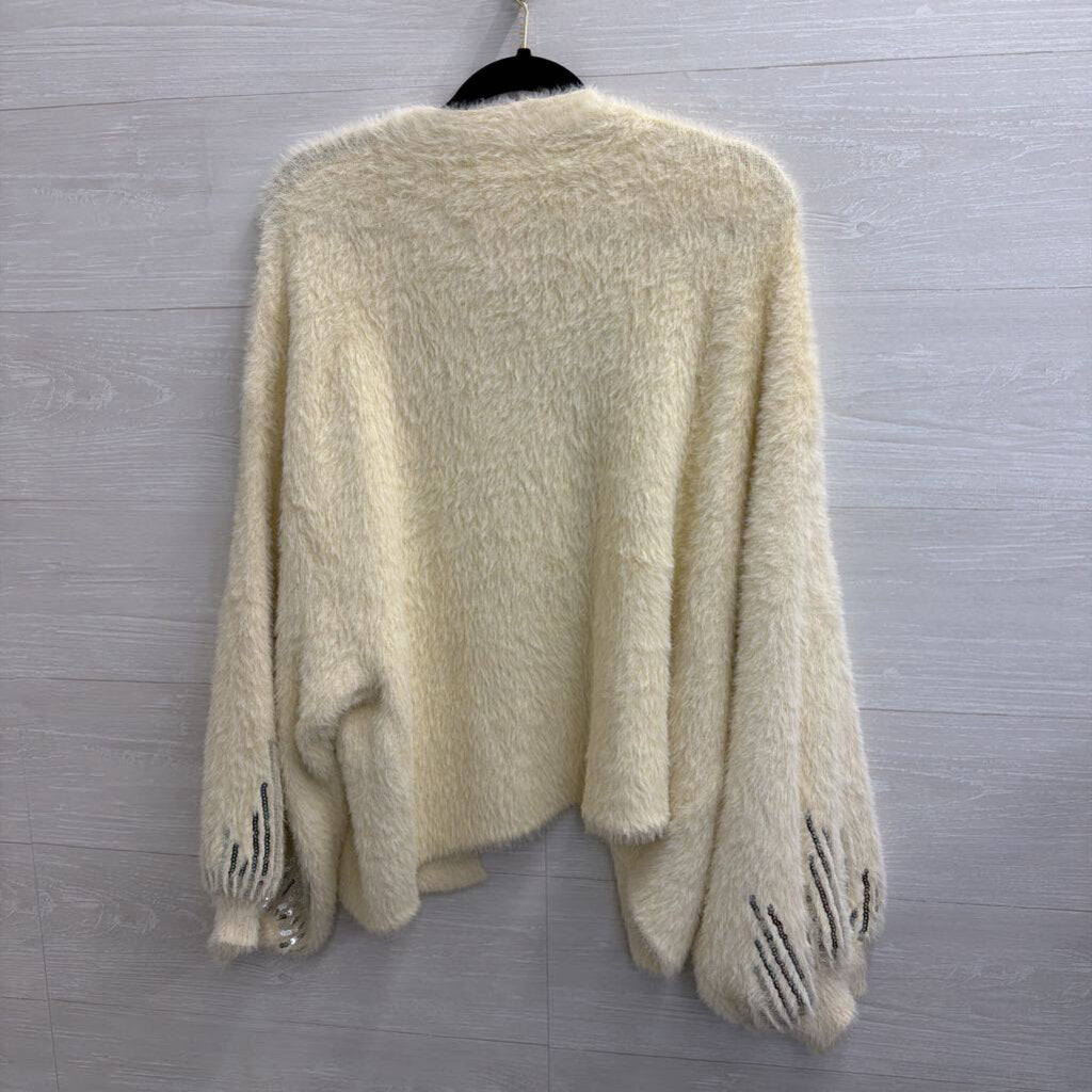 Soft Cream Fuzzy Sequin Detail Open Front Cardigan Sweater Large