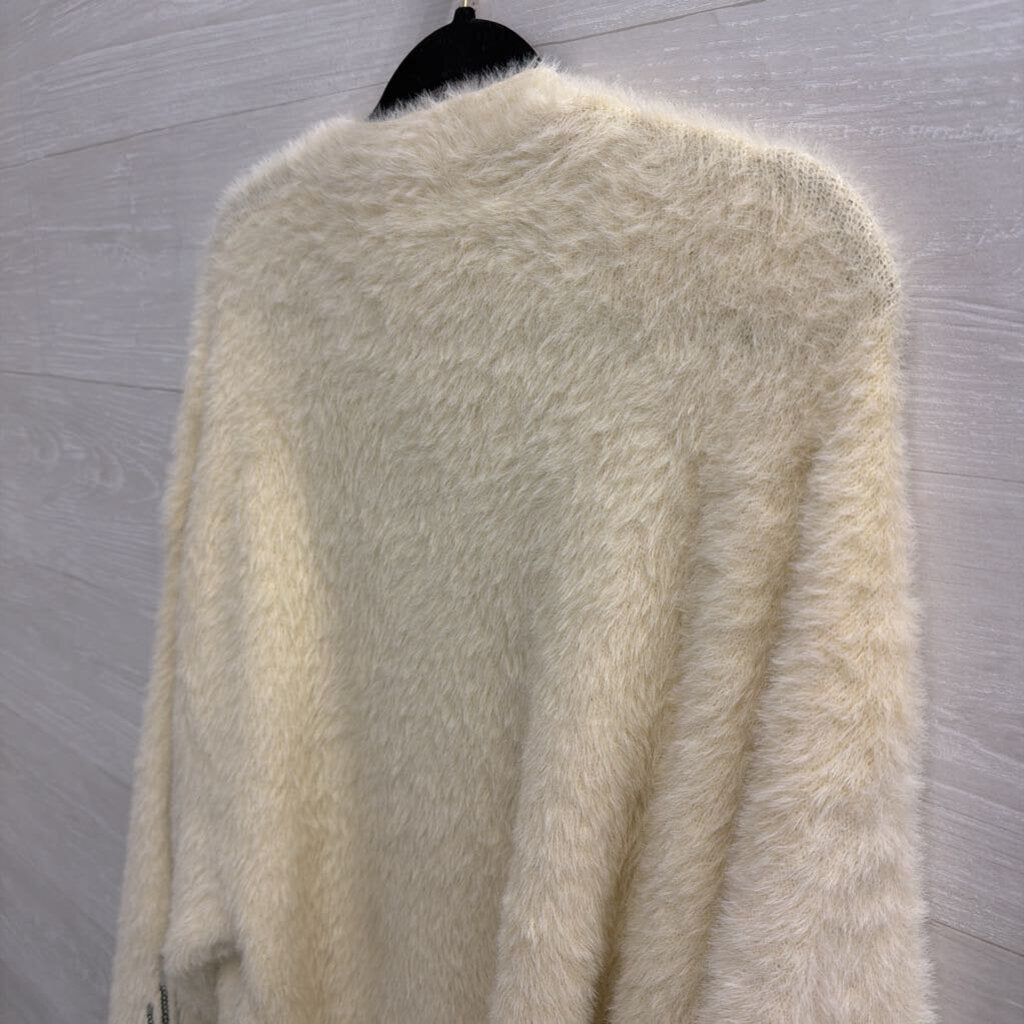 Soft Cream Fuzzy Sequin Detail Open Front Cardigan Sweater Large