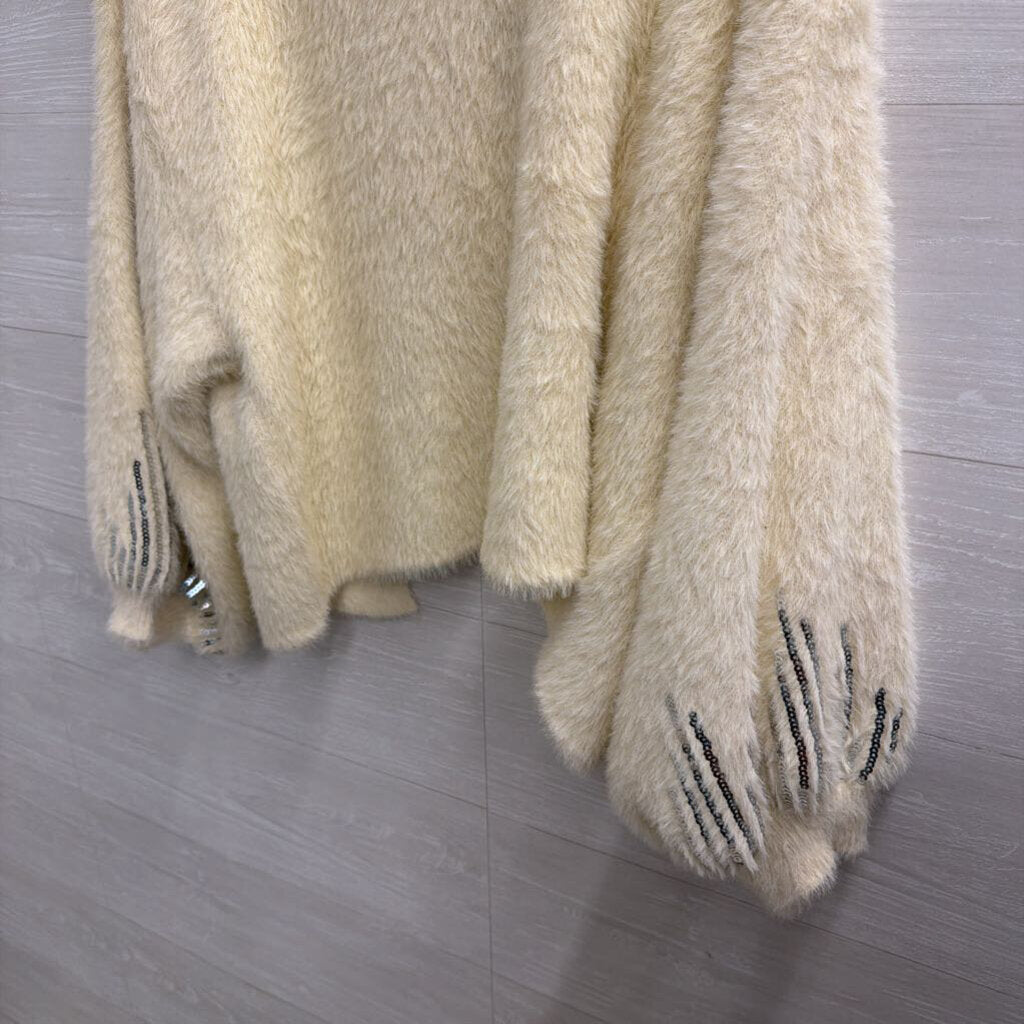 Soft Cream Fuzzy Sequin Detail Open Front Cardigan Sweater Large
