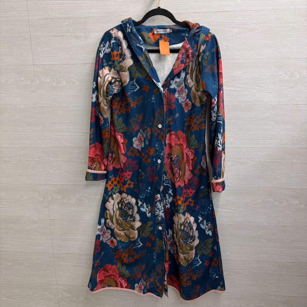 Misslook Blue/ Multi Print Lightweight Long Hooded Jacket Medium