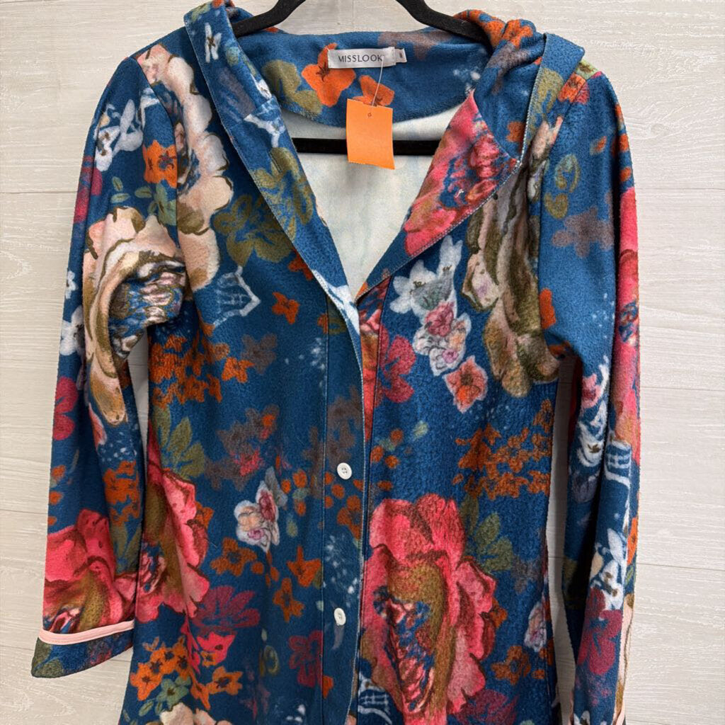 Misslook Blue/ Multi Print Lightweight Long Hooded Jacket Medium