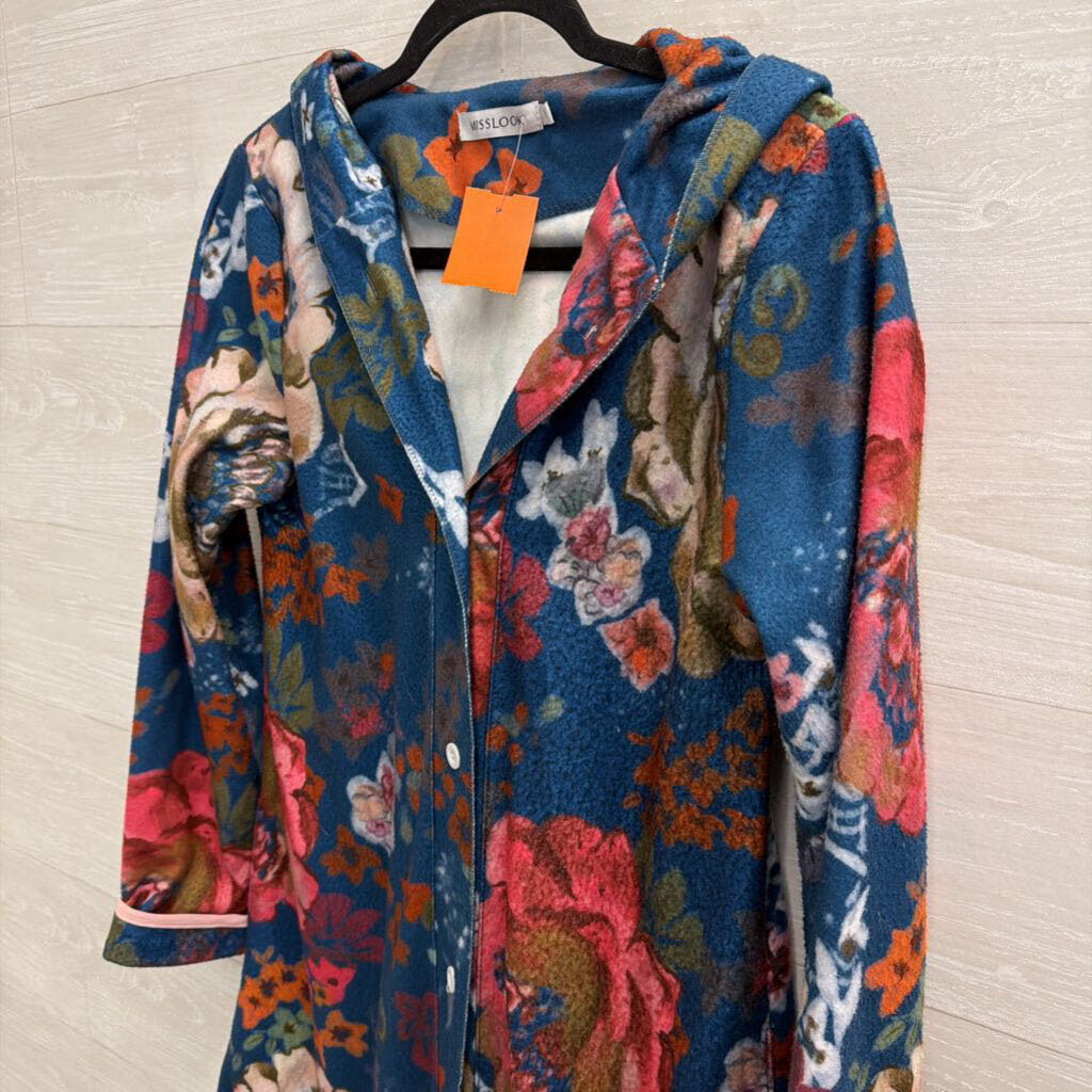 Misslook Blue/ Multi Print Lightweight Long Hooded Jacket Medium
