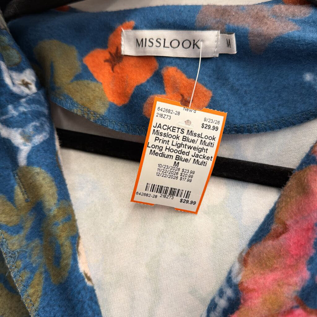 Misslook Blue/ Multi Print Lightweight Long Hooded Jacket Medium