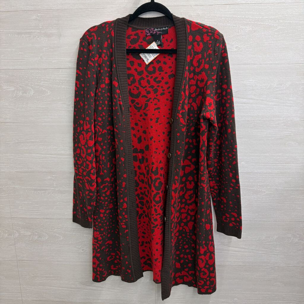 Peck and Peck Red/ Brown Print Long Cardigan Sweater Medium
