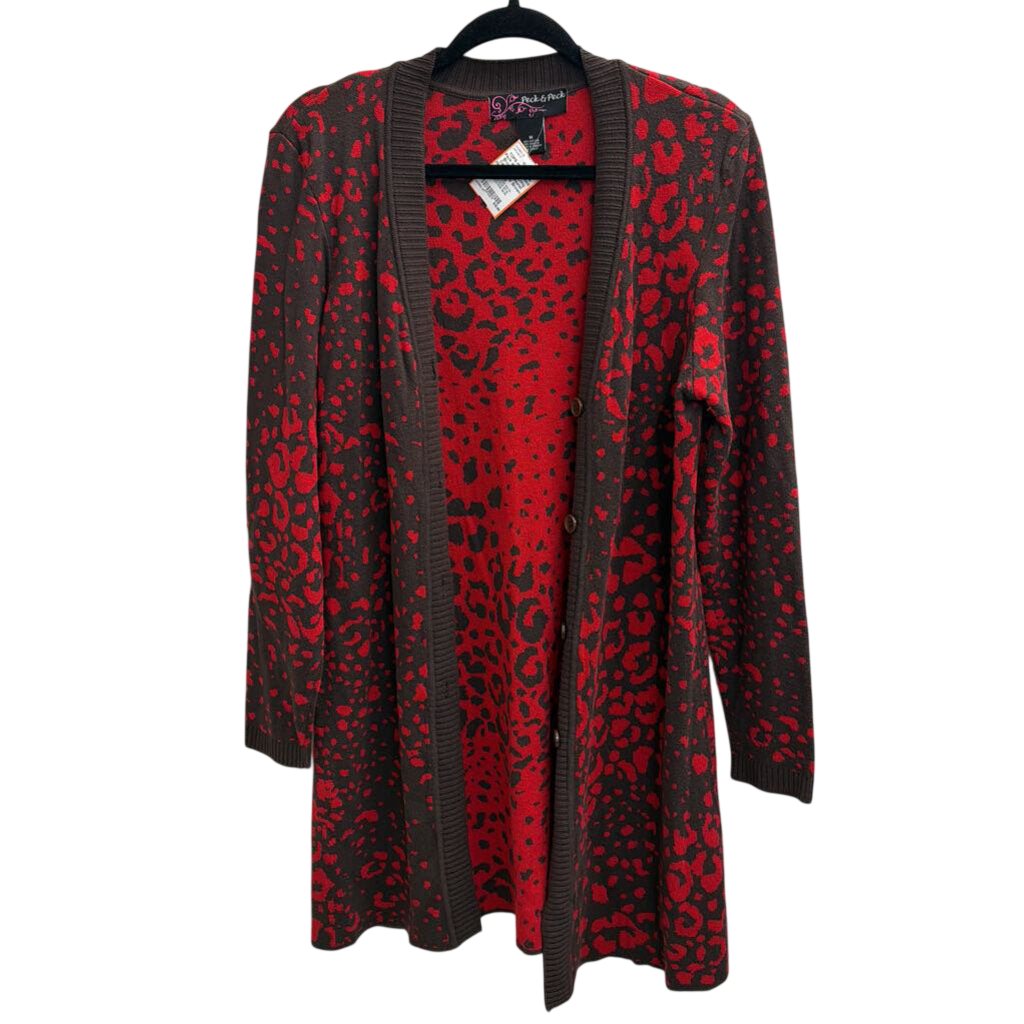 Peck and Peck Red/ Brown Print Long Cardigan Sweater Medium