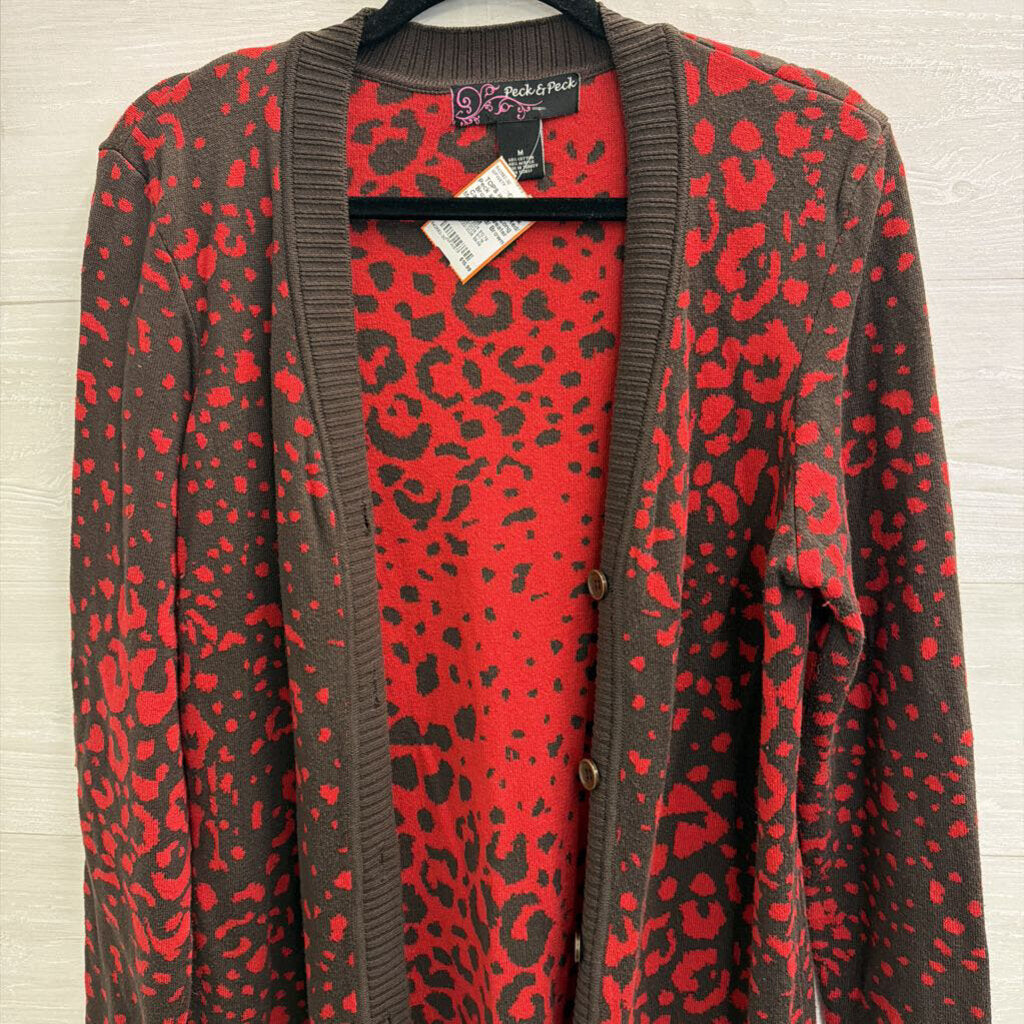 Peck and Peck Red/ Brown Print Long Cardigan Sweater Medium