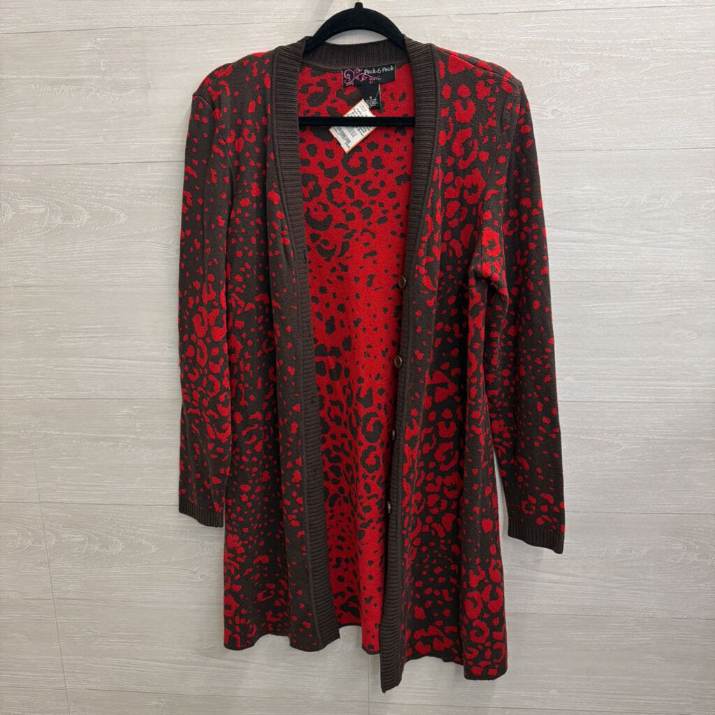 Peck and Peck Red/ Brown Print Long Cardigan Sweater Medium