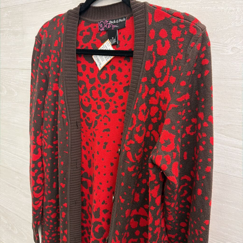Peck and Peck Red/ Brown Print Long Cardigan Sweater Medium