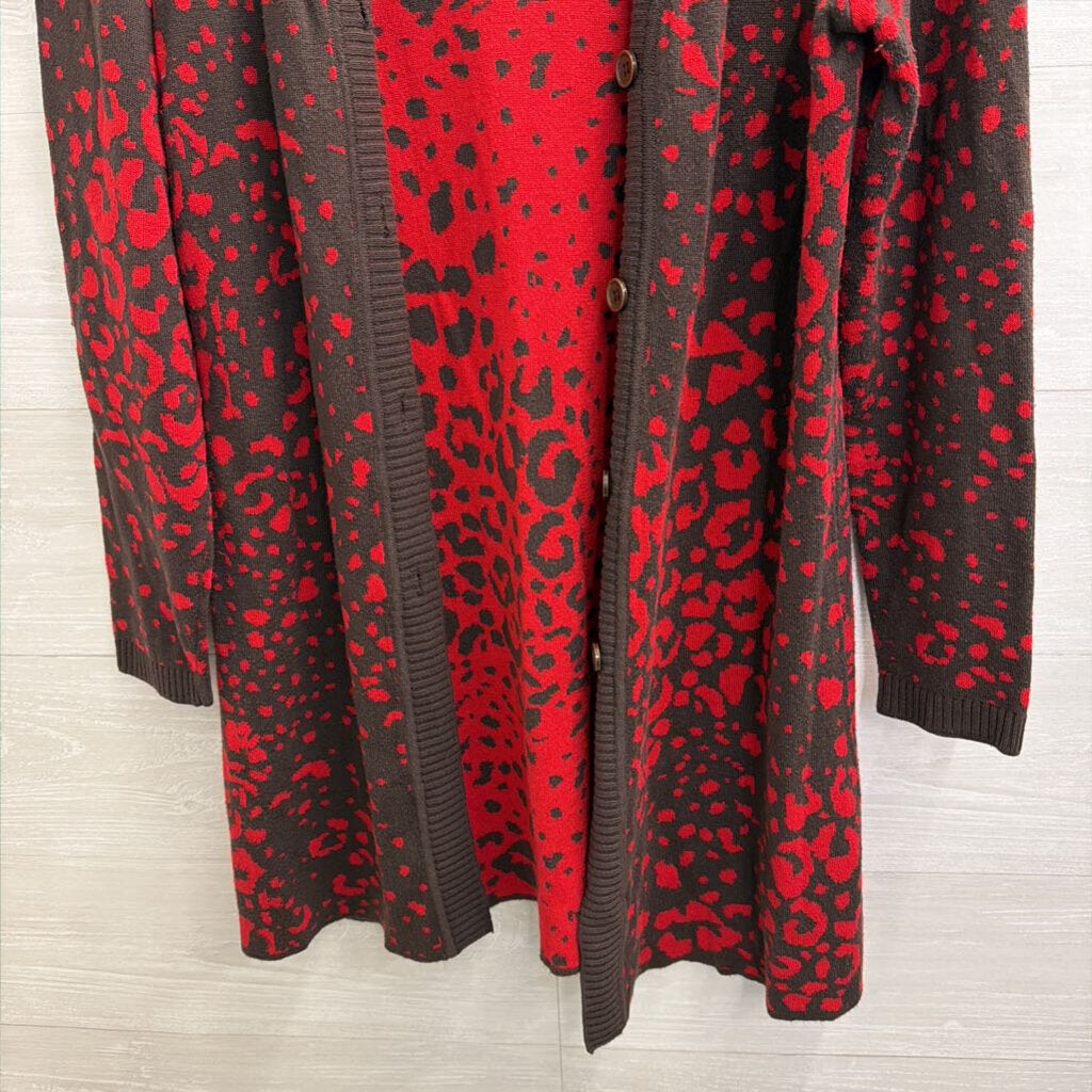 Peck and Peck Red/ Brown Print Long Cardigan Sweater Medium