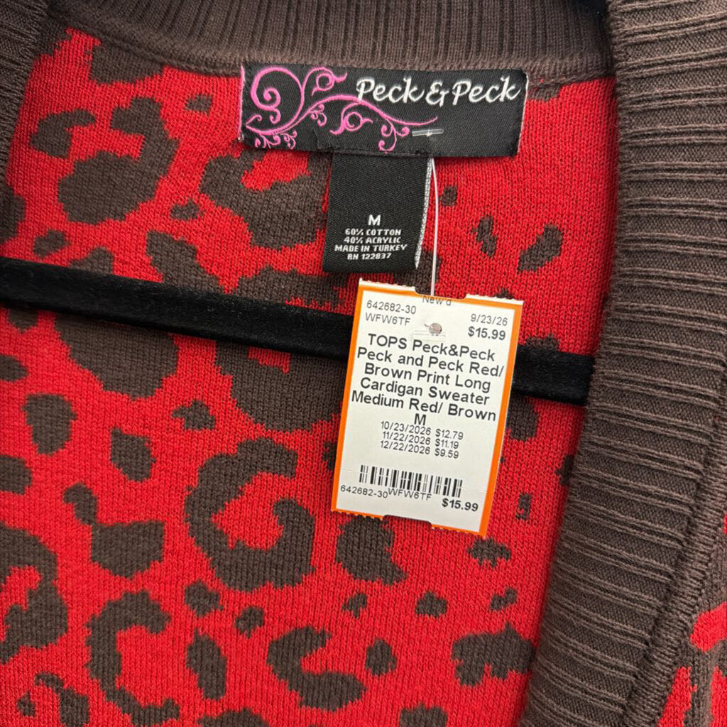 Peck and Peck Red/ Brown Print Long Cardigan Sweater Medium