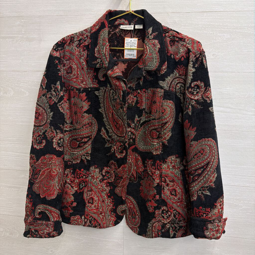 Chicos Black/ Red Print Tapestry Jacket 2