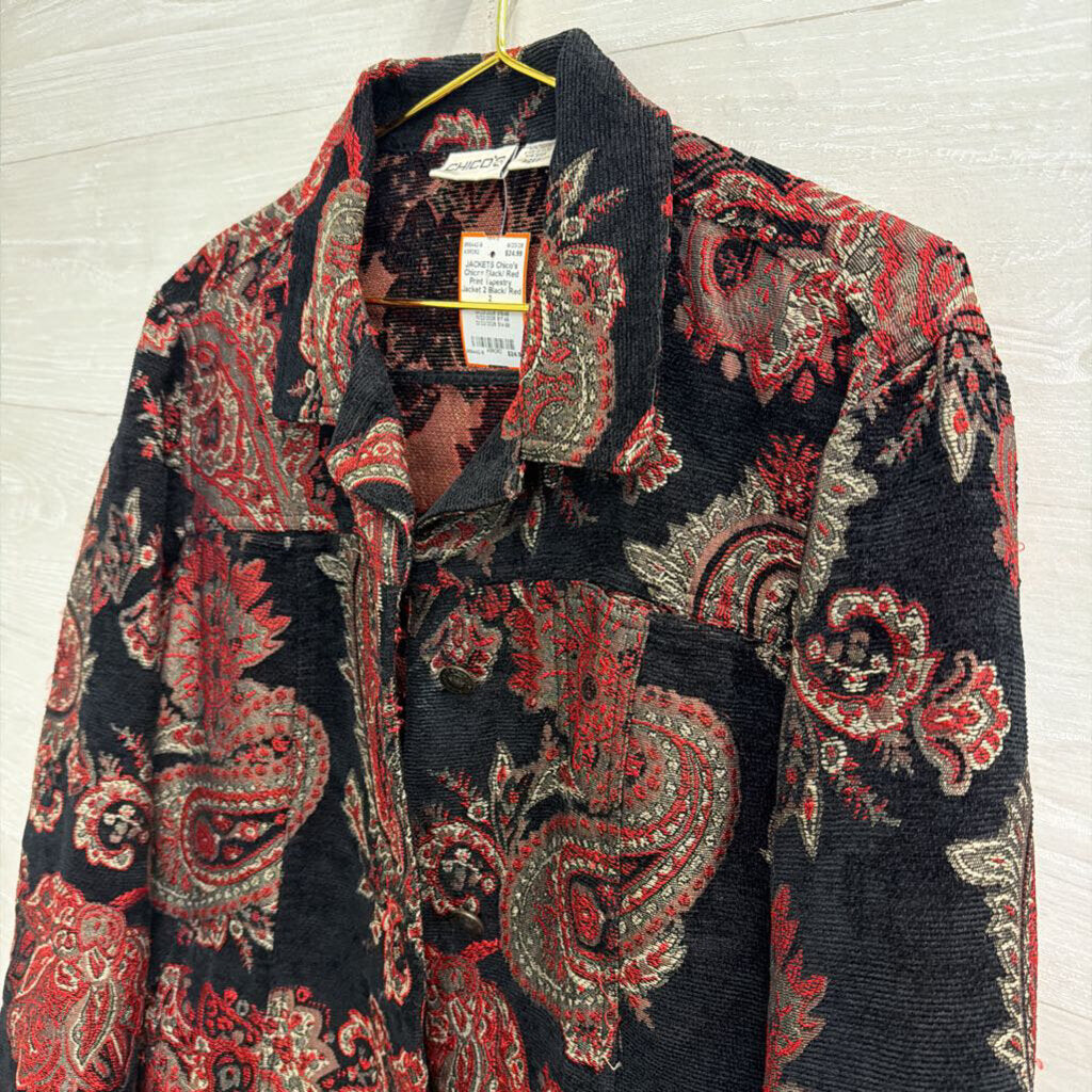 Chicos Black/ Red Print Tapestry Jacket 2