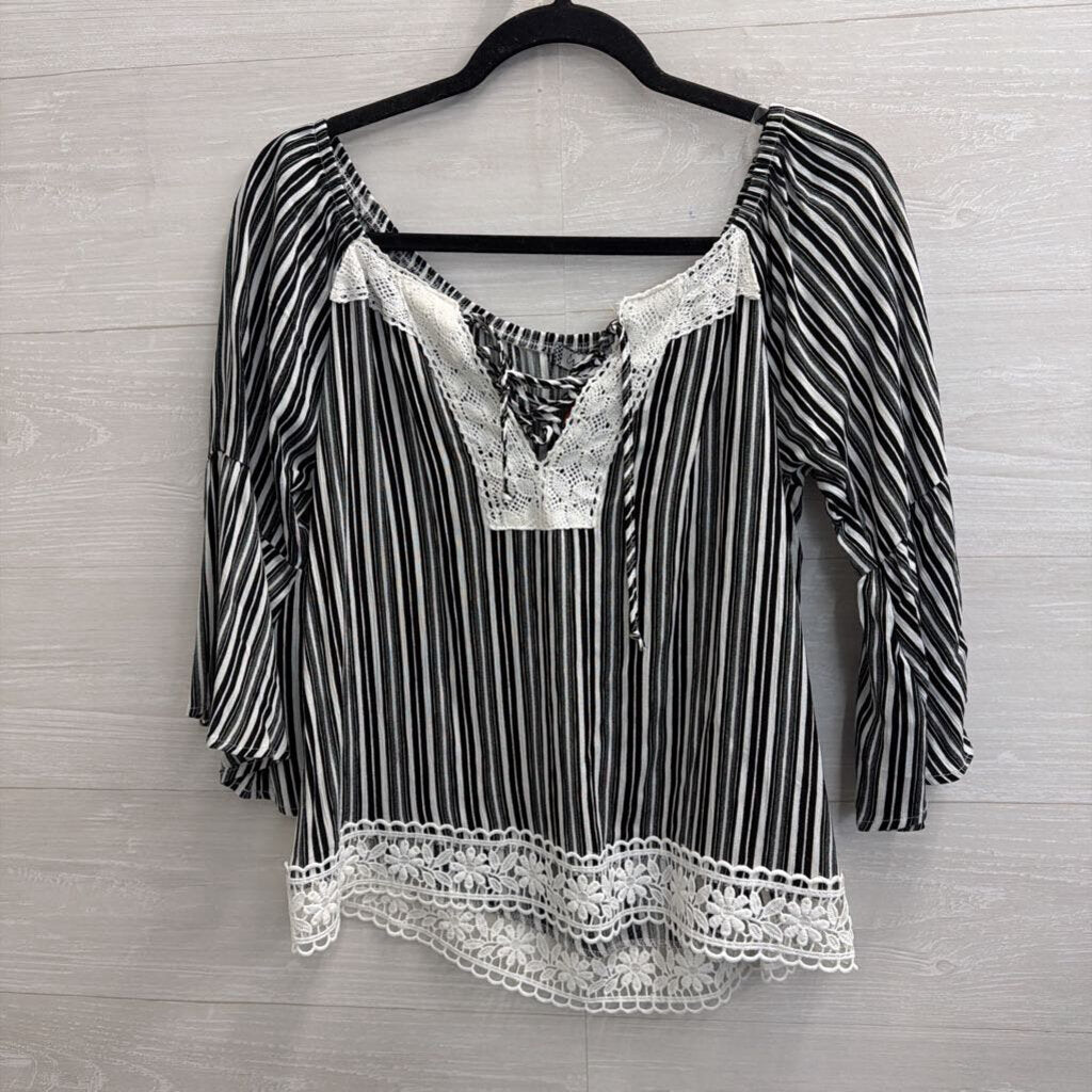 Crave Fame Black/ White Striped Long Sleeve Top Medium