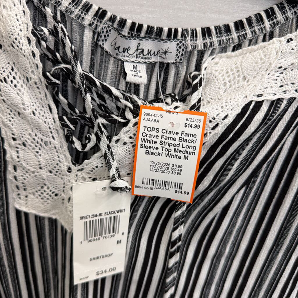 Crave Fame Black/ White Striped Long Sleeve Top Medium