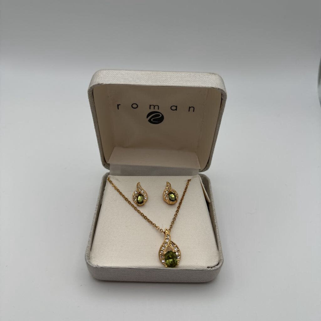Gold/ Green Stone Necklace/ Earrings Set