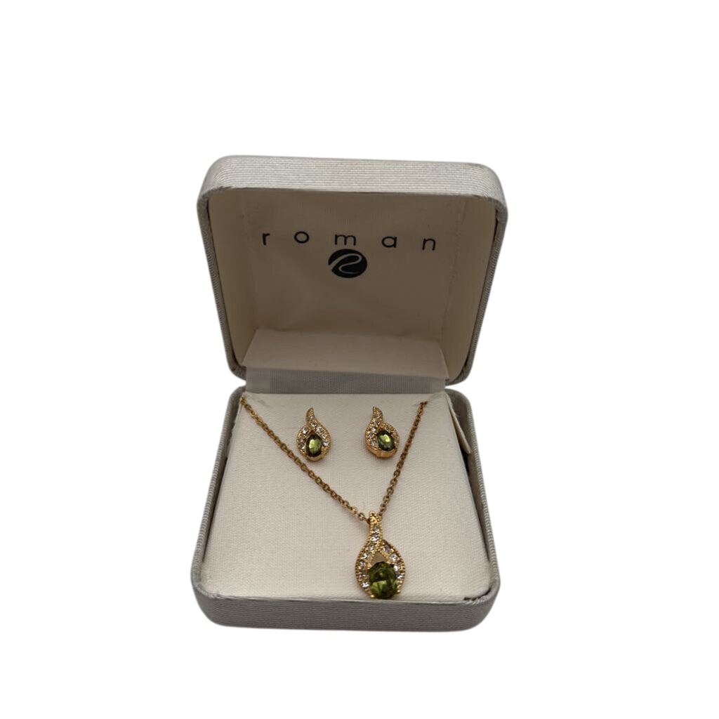 Gold/ Green Stone Necklace/ Earrings Set