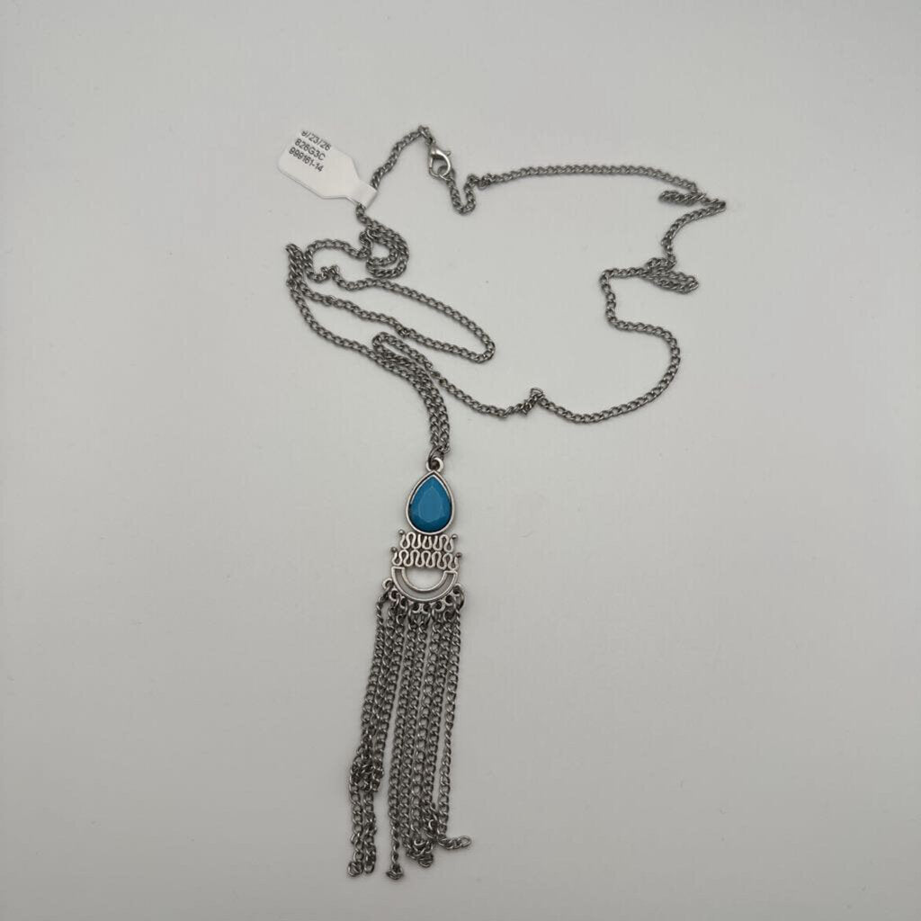 Silver/ Blue Stone Tassel Long Necklace