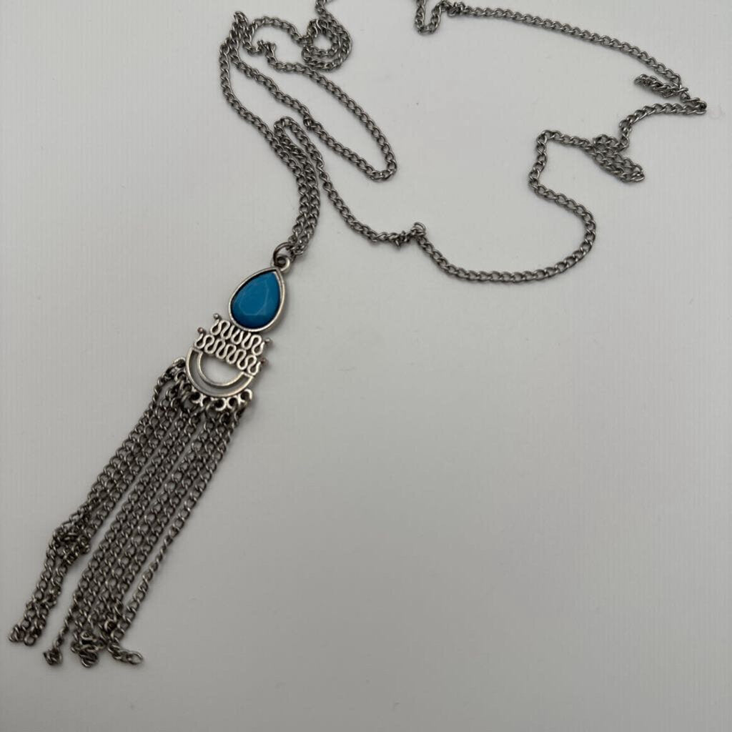 Silver/ Blue Stone Tassel Long Necklace