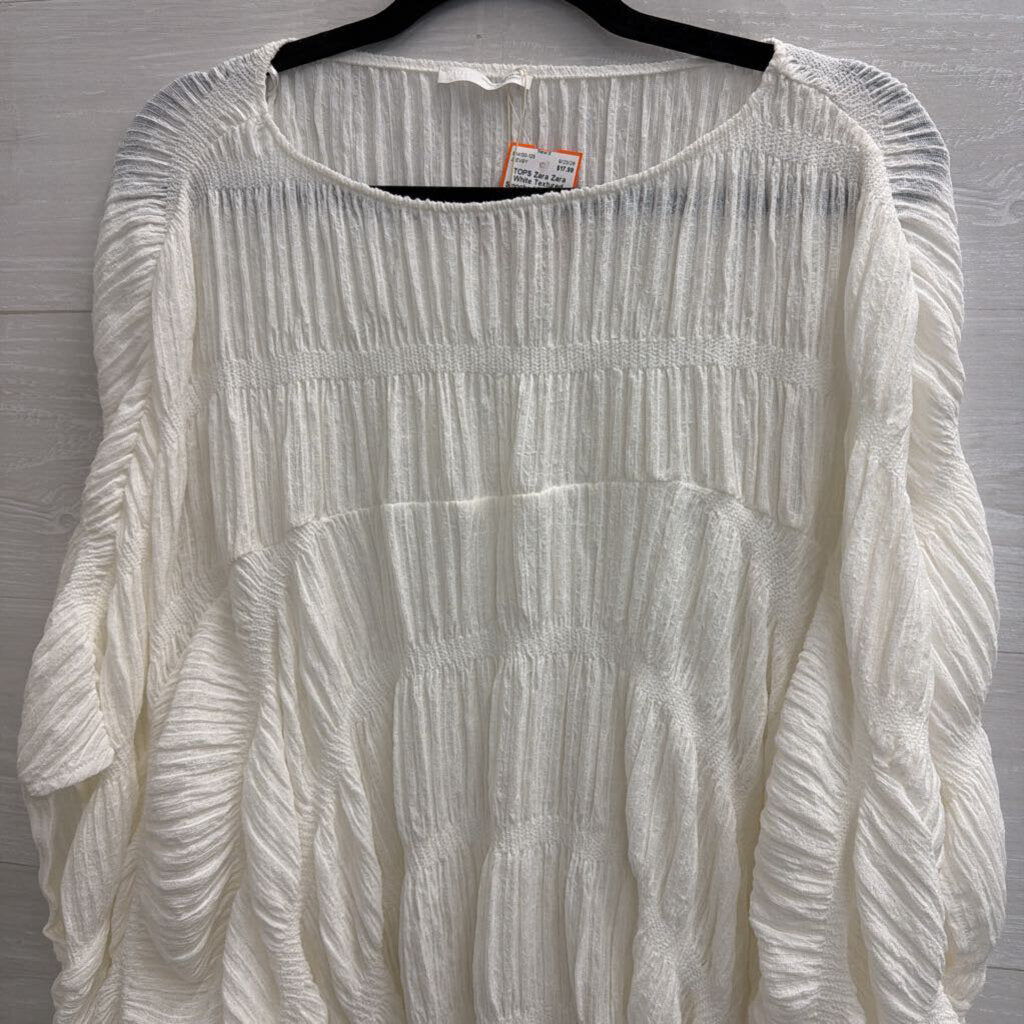 Zara White Textured Smocked Boxy Top Medium/ Large