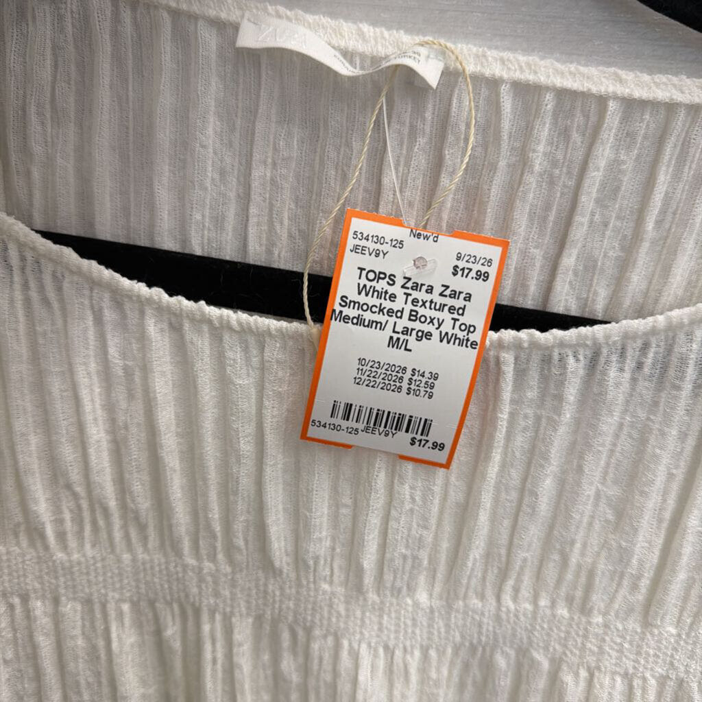 Zara White Textured Smocked Boxy Top Medium/ Large