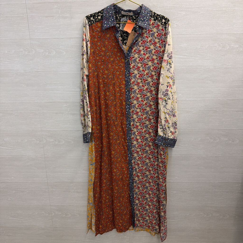 Natural Life Cream/ Multi Floral Print Long Sleeve Button Down Maxi Dress Large